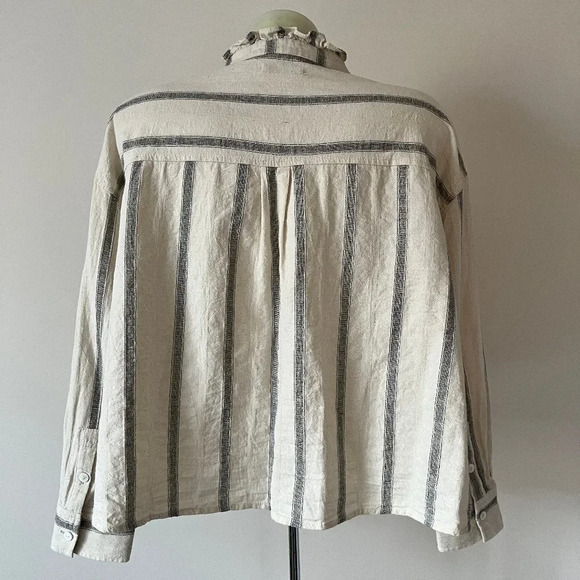 Mod Ref Striped Button Blouse Boxy  Relaxed Ruffle Collar Minimalist Cotton Sz M - Picture 2 of 14